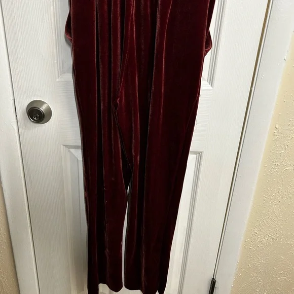 Wine Red Velvet Jumpsuit Strapless Wide Leg Formal Holiday Cocktail Outfit - Picture 5 of 11
